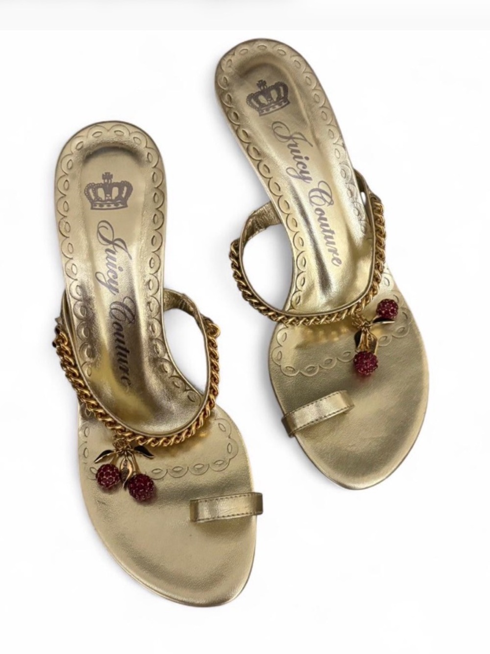 NWOT  Rare Vintage Juicy Couture Gold Chain Mule Sandals Heels w/ Cherry Charms - Picture 4 of 6